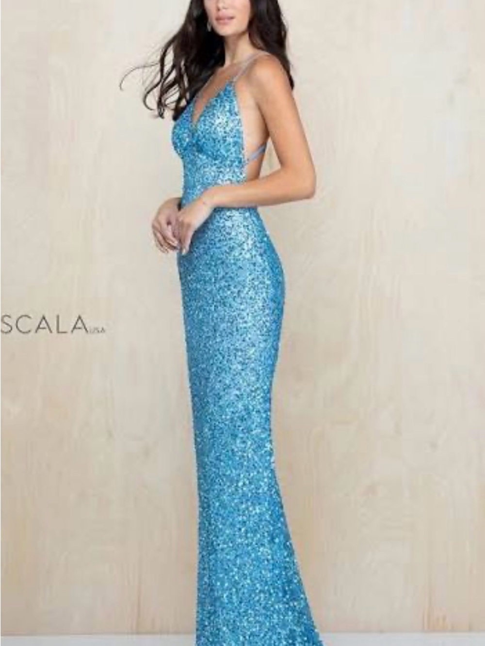 Scala 47551 Dolphin Blue Sequin Backless Prom Dress